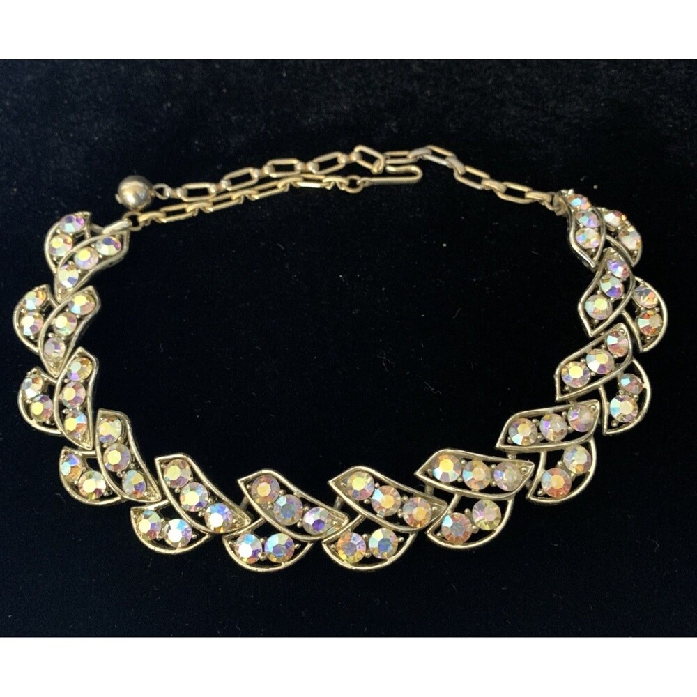 Vintage 50s Gold Tone Aurora Borealis Rhinestone Choker Necklace Leaf Design